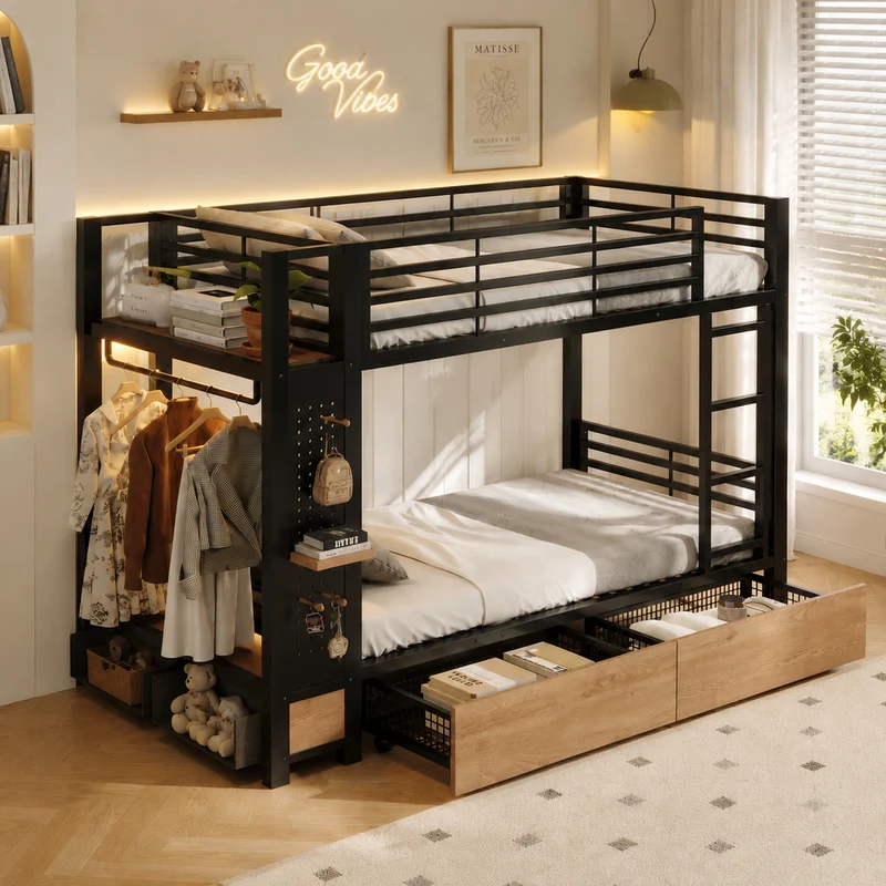 Lit superposé 90x200 cm métallique noir avec LED et tiroirs rangements RUSTICNIGHTSTAND
