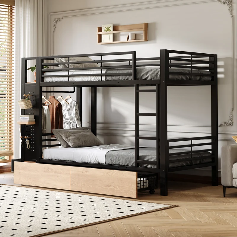 Lit superposé 90x200 cm métallique noir avec LED et tiroirs rangements RUSTICNIGHTSTAND