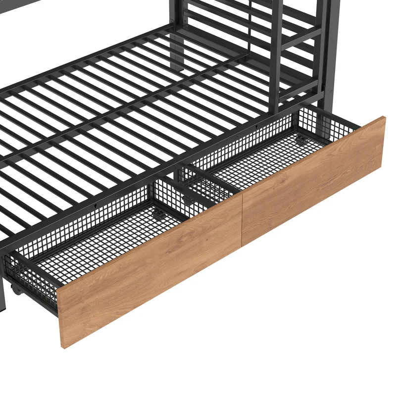 Lit superposé 90x200 cm métallique noir avec LED et tiroirs rangements RUSTICNIGHTSTAND