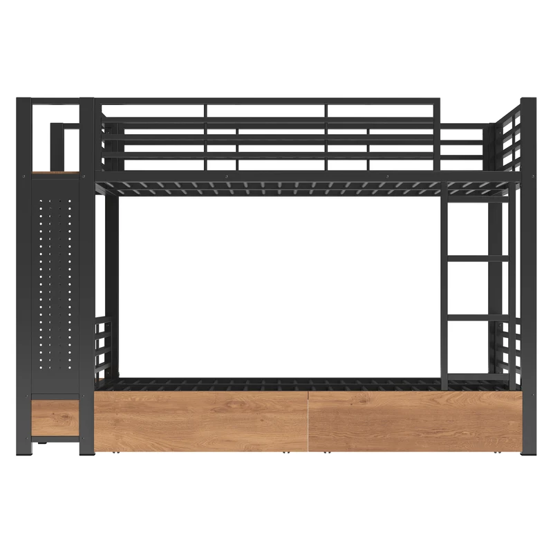 Lit superposé 90x200 cm métallique noir avec LED et tiroirs rangements RUSTICNIGHTSTAND
