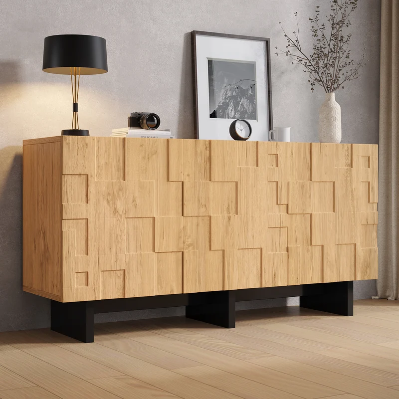Buffet effet bois naturel motif 3D texturé 3 portes 140×40×70cm RUSTICNIGHTSTANDART