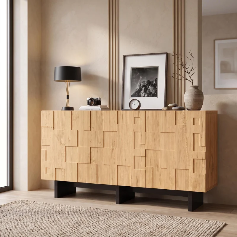 Buffet effet bois naturel motif 3D texturé 3 portes 140×40×70cm RUSTICNIGHTSTANDART