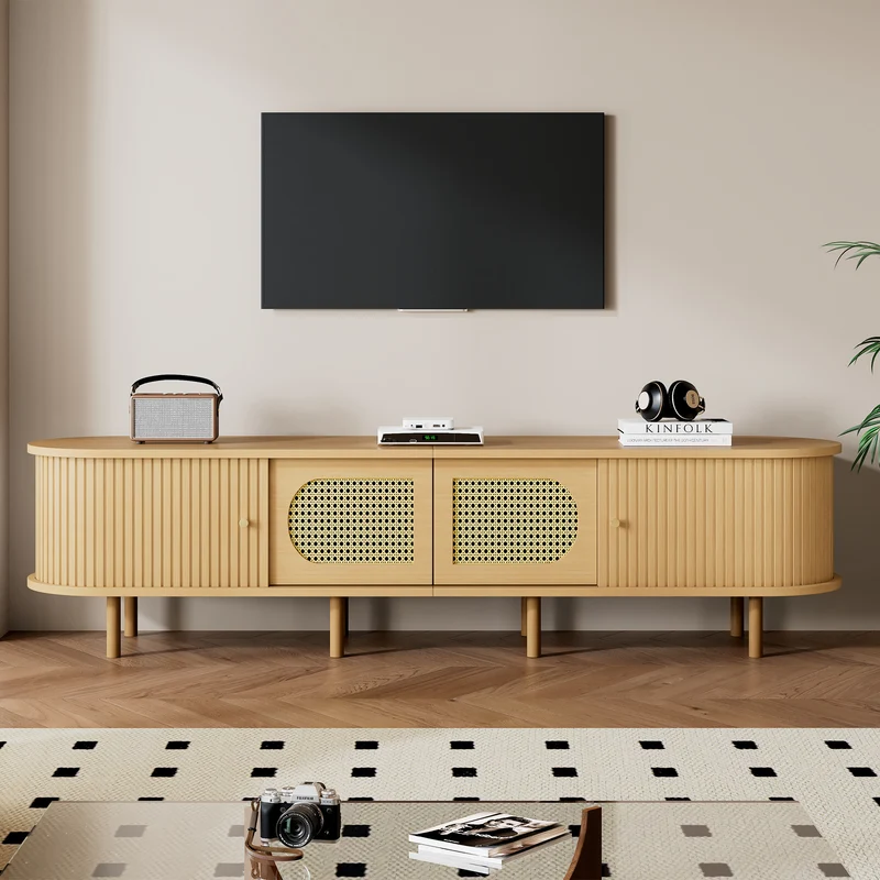 Meuble TV effet bois clair et rotin, style rétro 180cm RUSTICONE