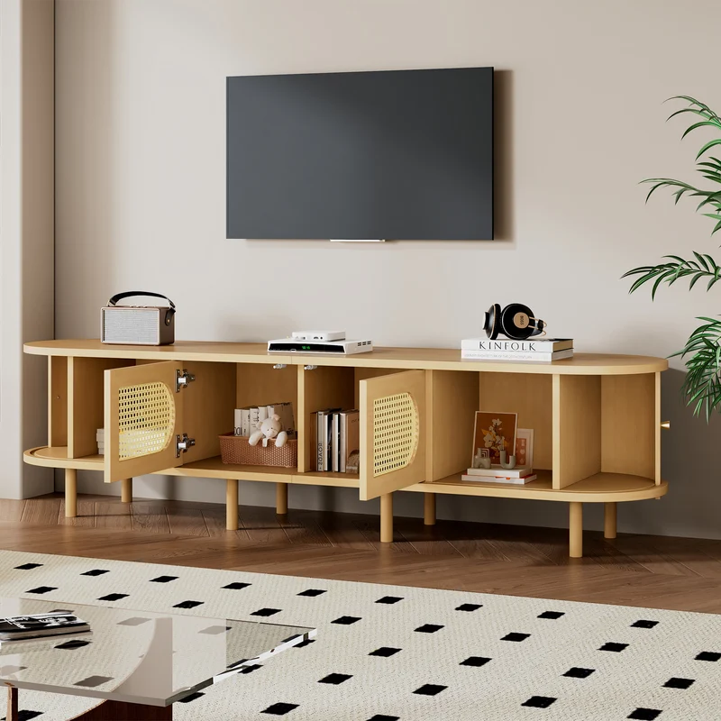 Meuble TV effet bois clair et rotin, style rétro 180cm RUSTICONE