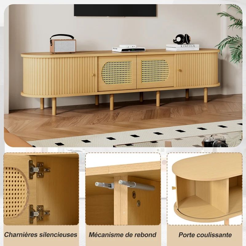 Meuble TV effet bois clair et rotin, style rétro 180cm RUSTICONE