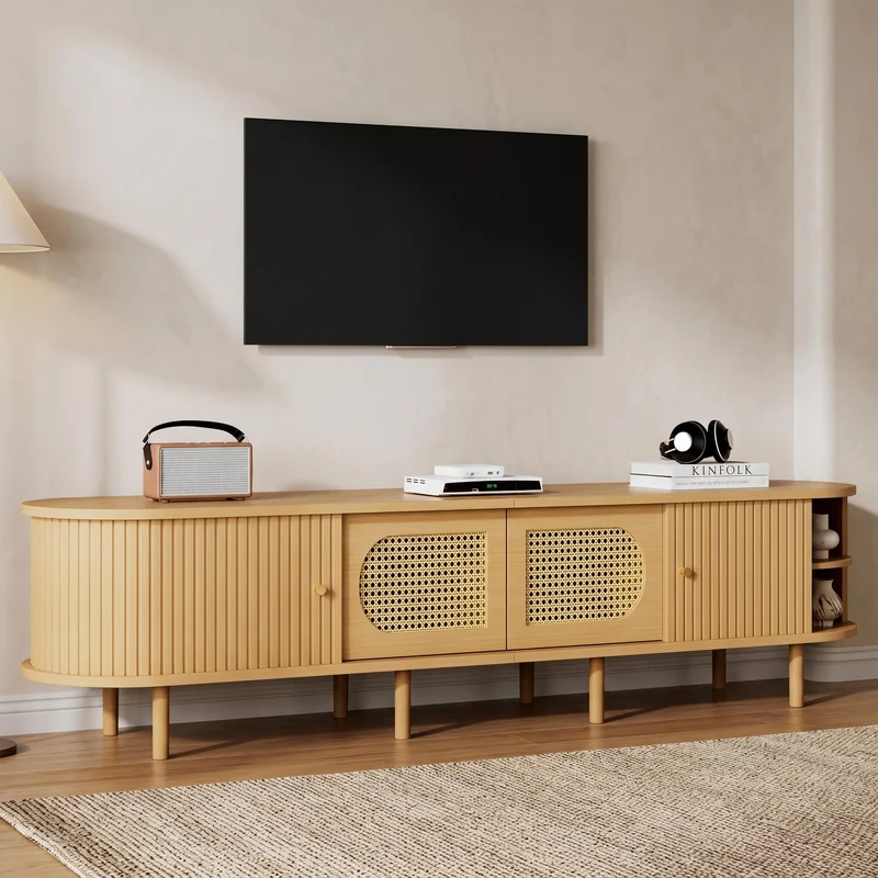 Meuble TV effet bois clair et rotin, style rétro 180cm RUSTICONE