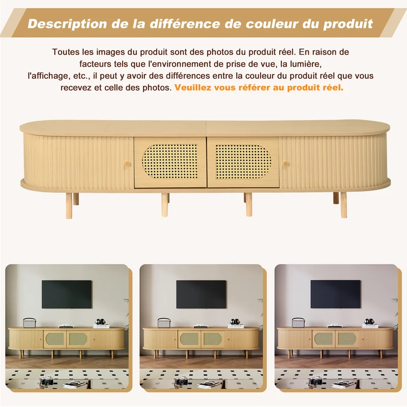Meuble TV effet bois clair et rotin, style rétro 180cm RUSTICONE