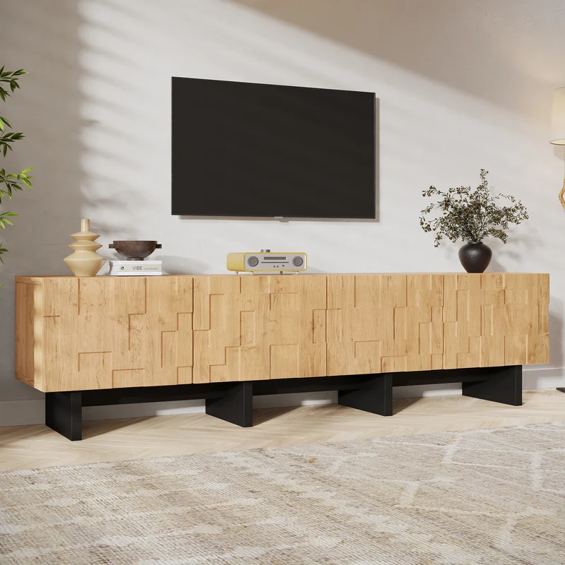 Meuble TV effet bois naturel motif 3D texturé 4 portes 180cm RUSTICLINE