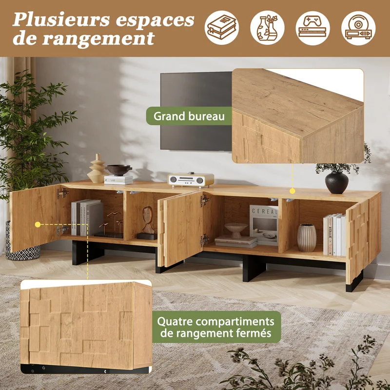 Meuble TV effet bois naturel motif 3D texturé 4 portes 180cm RUSTICLINE