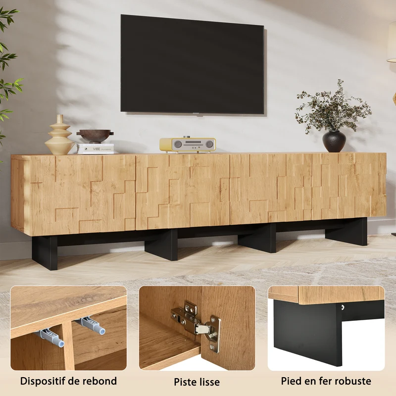 Meuble TV effet bois naturel motif 3D texturé 4 portes 180cm RUSTICLINE