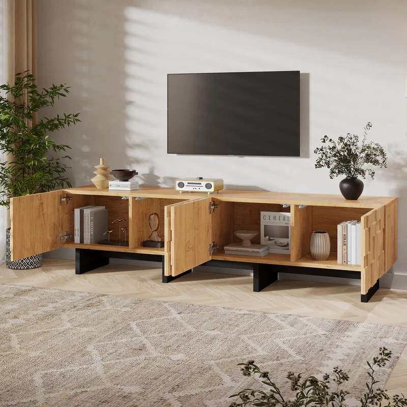 Meuble TV effet bois naturel motif 3D texturé 4 portes 180cm RUSTICLINE