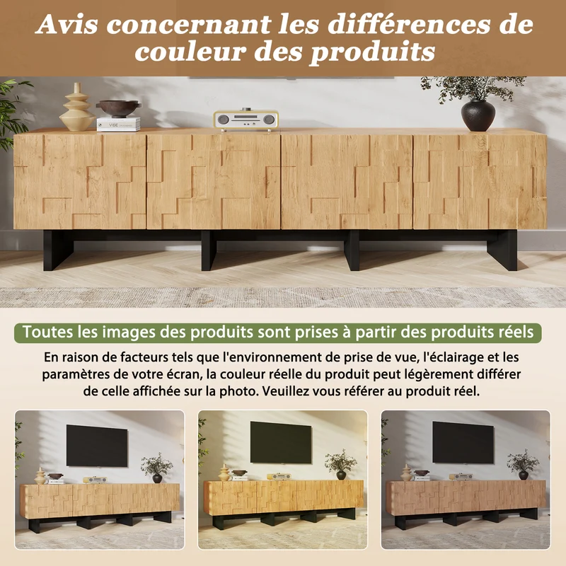 Meuble TV effet bois naturel motif 3D texturé 4 portes 180cm RUSTICLINE