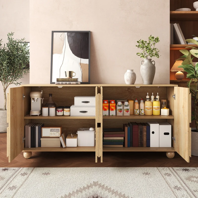 Buffet effet bois naturel à 4 portes, relief circulaire et étagères réglables 160cm RUSTICTRAYSET