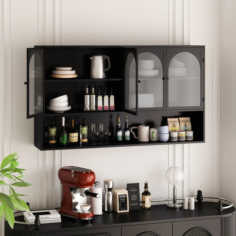 Armoire murale de cuisine métallique noire style industriel avec 4 portes vitrées 120cm SCANDINAVIANBOOKCASE