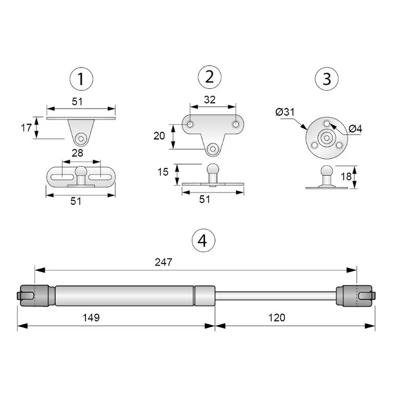 Verin de porte à gaz 250mm - 40N