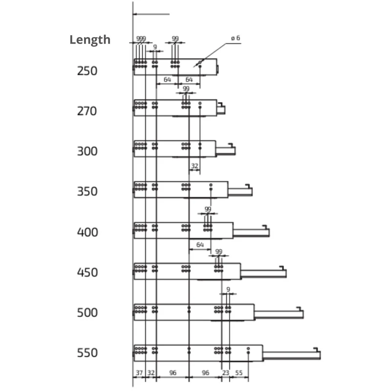 Ensemble de glissières dissimulée à ouverture par poussée (gauche et droite), extension complète 250-600mm