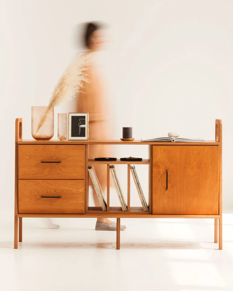 Mid-Century Credenza · Vinyl, Drawer & Cabinet · 143 cm