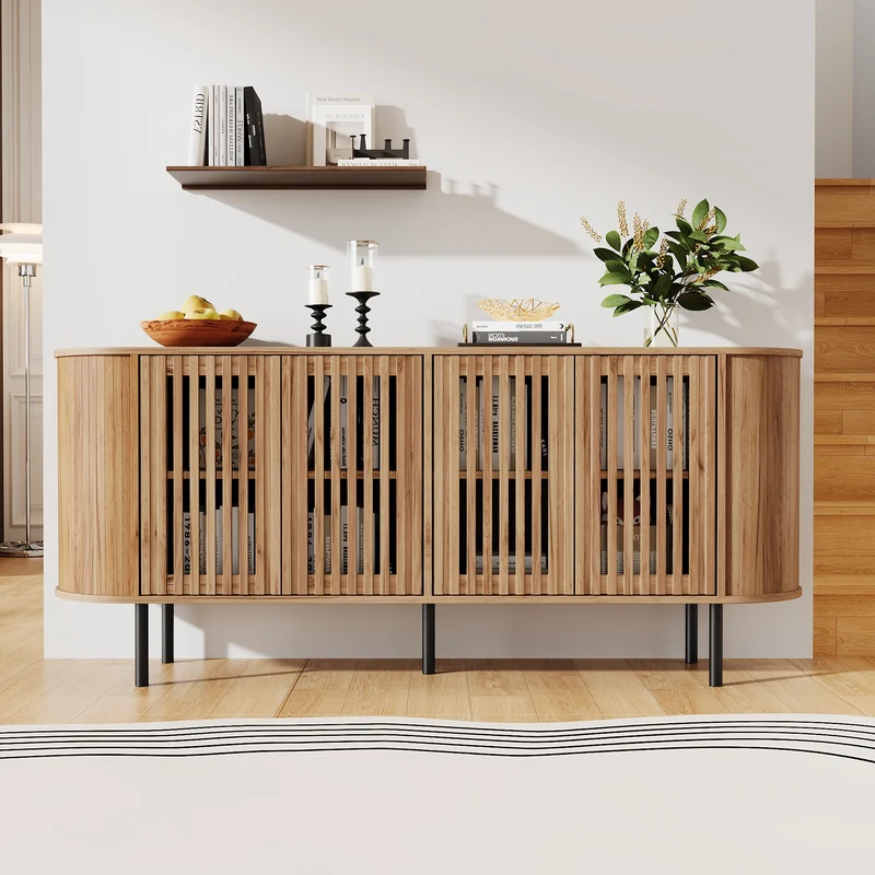 Buffet effet bois 4 portes cannées 160x40x70cm PILLOWCONCRETE