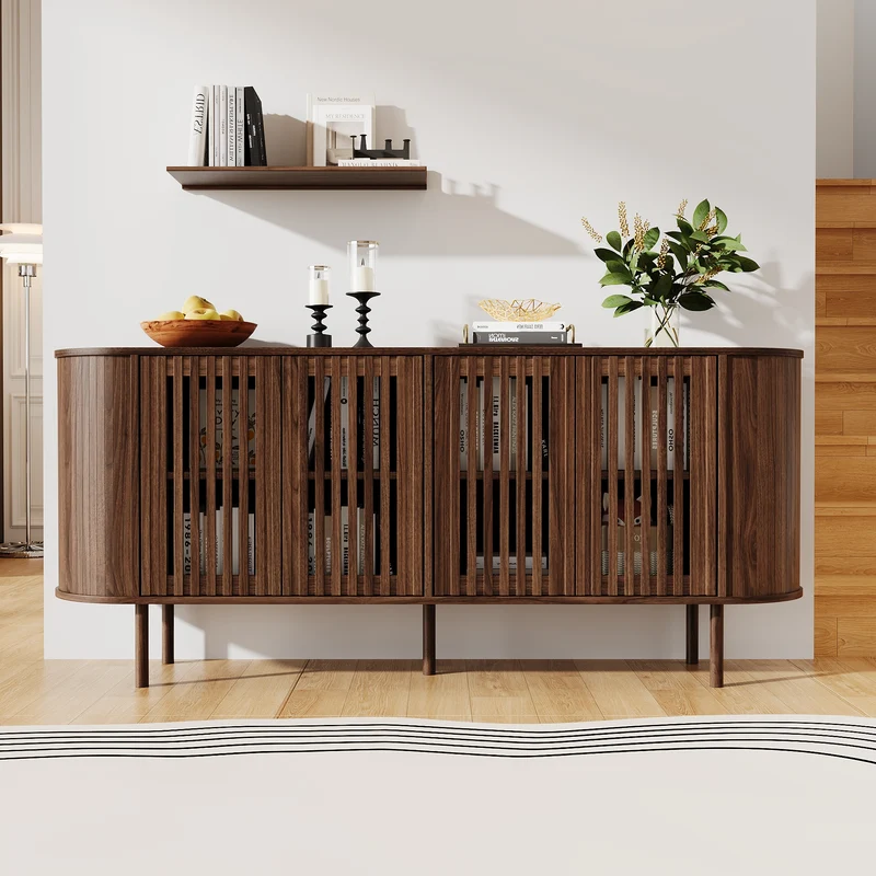 Buffet effet noyer 4 portes coulissantes ajourées 160x40x70cm PANELPRO
