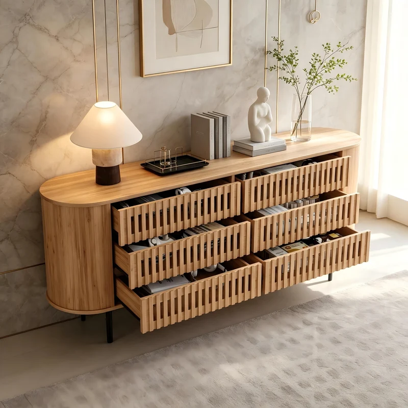 Buffet 160 cm effet bois, 6 tiroirs design à lattes, style cannage naturel PANELRESIN