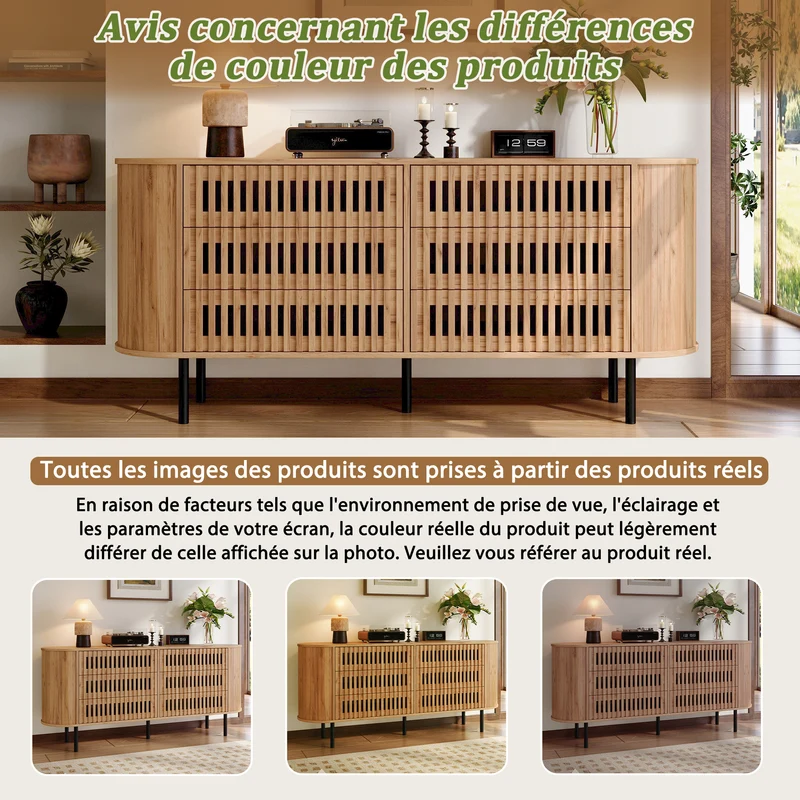 Buffet 160 cm effet bois, 6 tiroirs design à lattes, style cannage naturel PANELRESIN