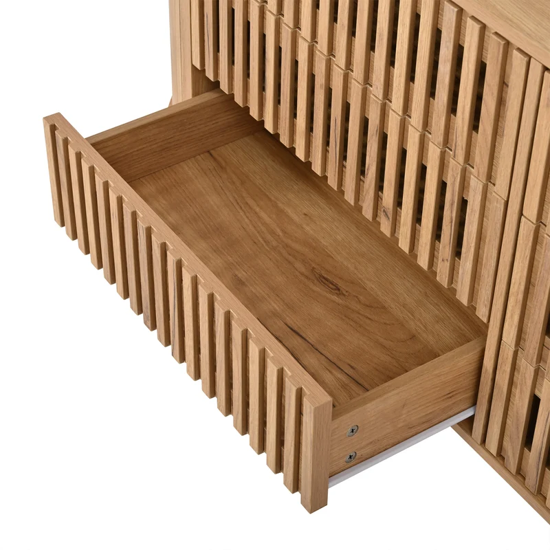 Buffet 160 cm effet bois, 6 tiroirs design à lattes, style cannage naturel PANELRESIN