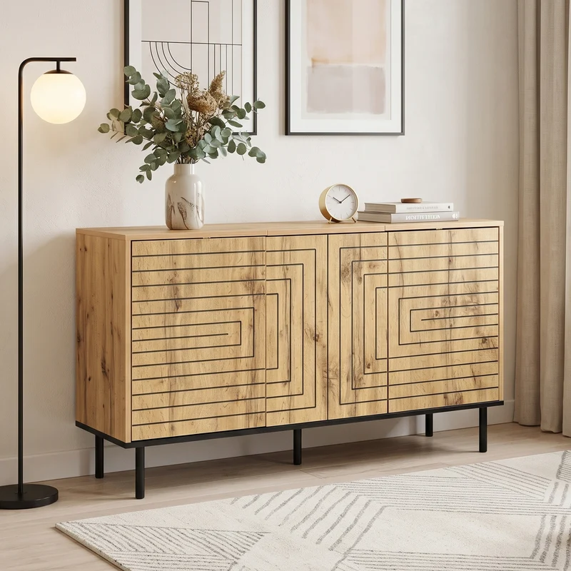 Buffet effet bois design geometric 3 portes 6 compartiments MODERNCORNER