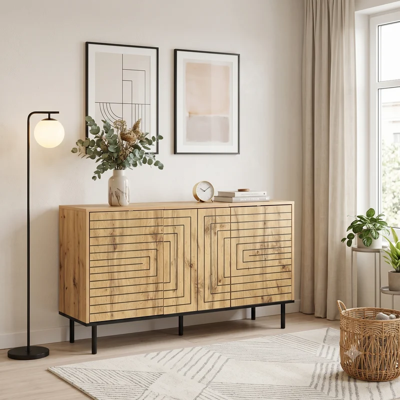 Buffet effet bois design geometric 3 portes 6 compartiments MODERNCORNER