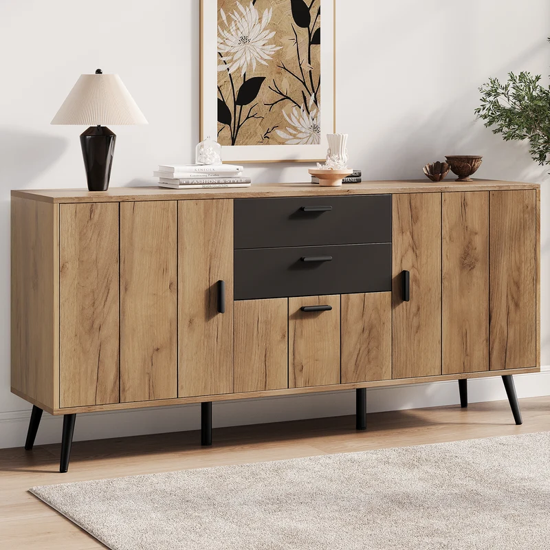 Buffet moderne effet bois et noir 2 tiroirs 3 portes 140x35x67cm MODERNLAMPHOME