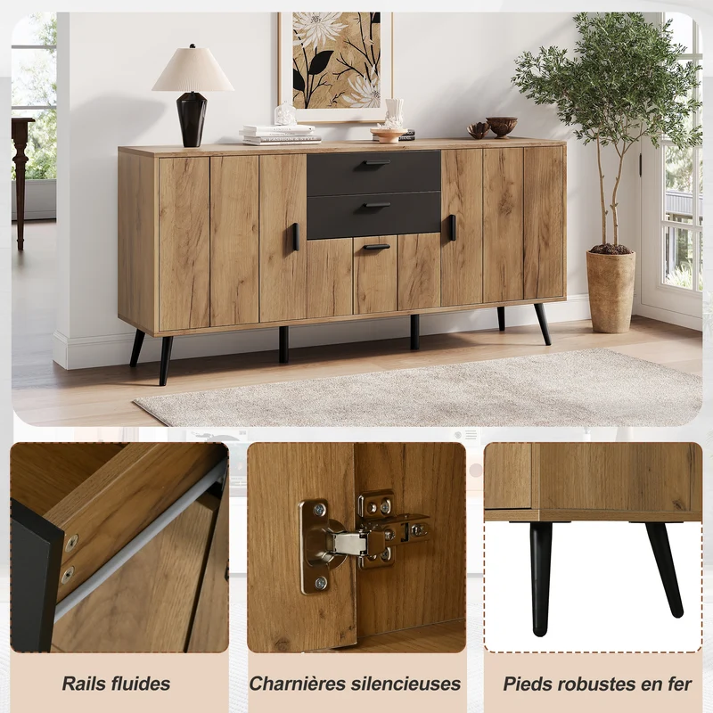Buffet moderne effet bois et noir 2 tiroirs 3 portes 140x35x67cm MODERNLAMPHOME