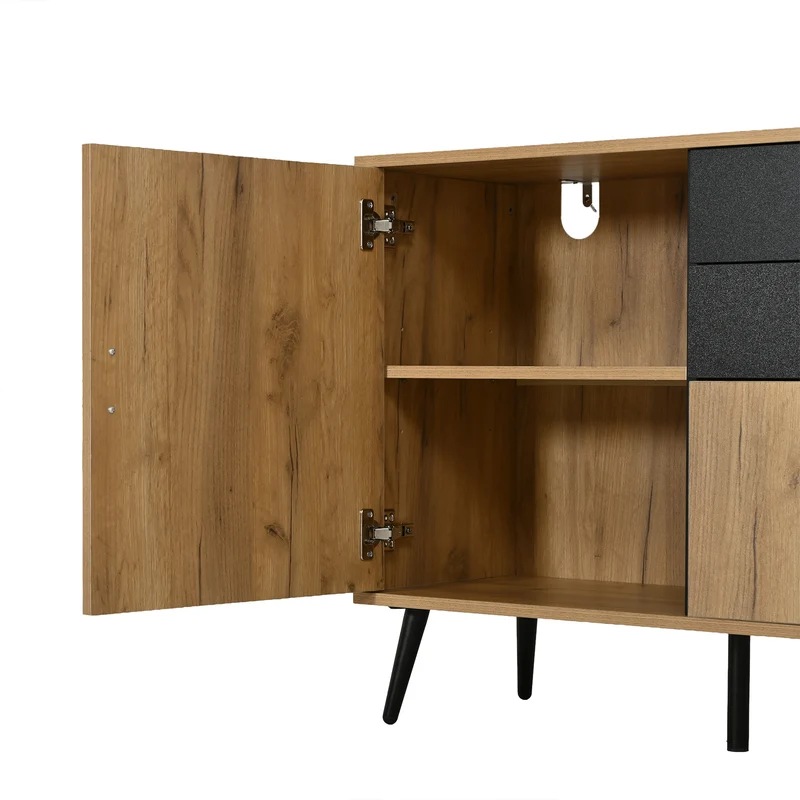 Buffet moderne effet bois et noir 2 tiroirs 3 portes 140x35x67cm MODERNLAMPHOME