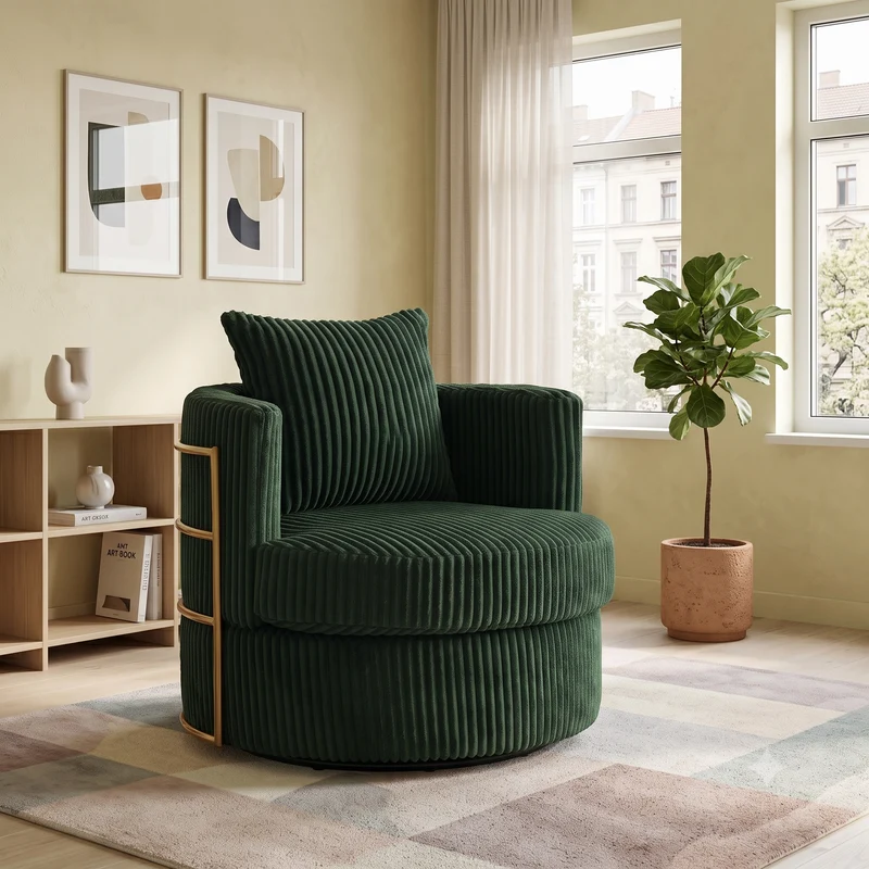 Fauteuil pivotant 360° en velours côtelé vert émeraude, avec rangement MODERNELITE