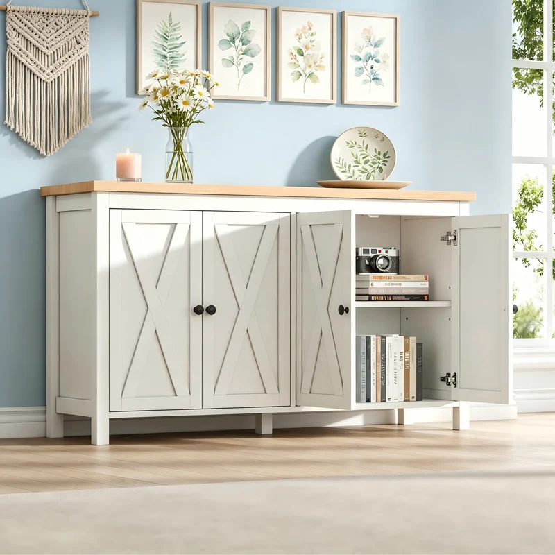Buffet blanc et effet bois à 4 portes, style scandinave 140×40×78cm MODERNMIRRORHOME
