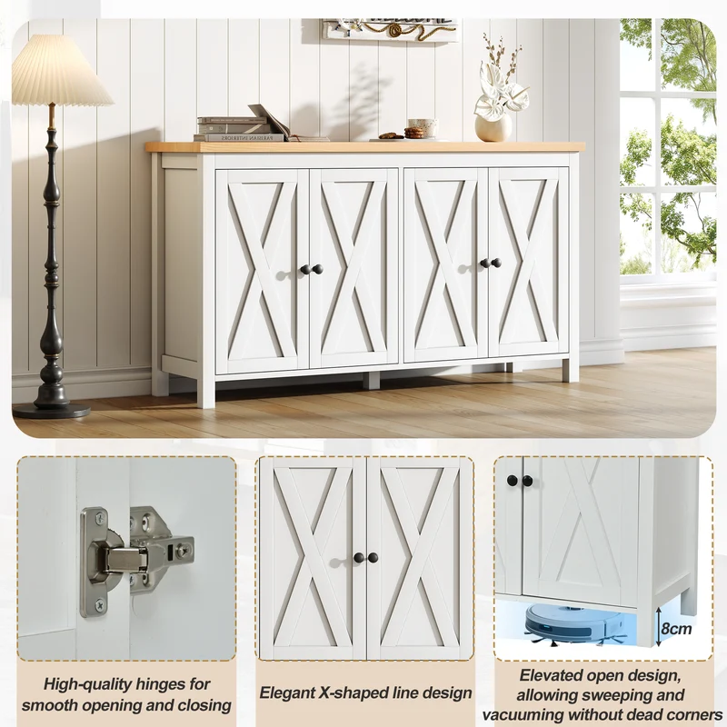 Buffet blanc et effet bois à 4 portes, style scandinave 140×40×78cm MODERNMIRRORHOME