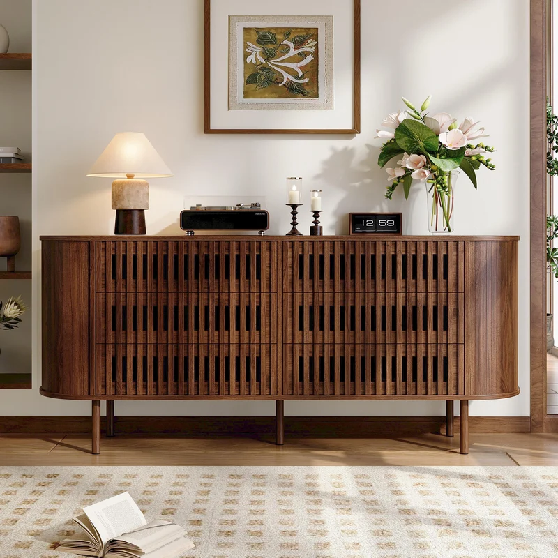Buffet effet noyer, 6 tiroirs, design à lattes 160×40×70cm PANELSTYLE