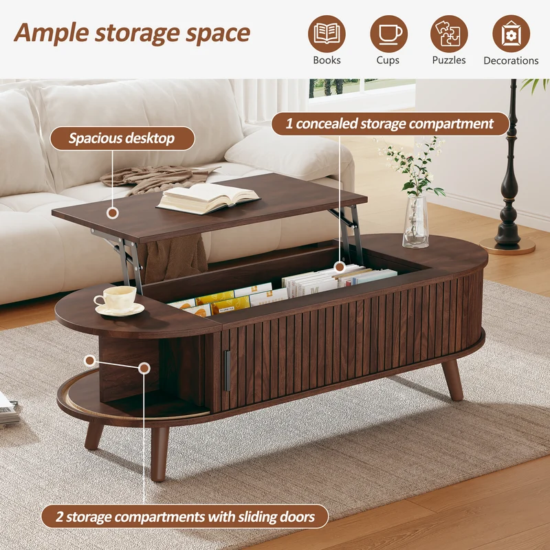 Table basse relevable effet noyer design à lattes 120x50cm MODERNLINE