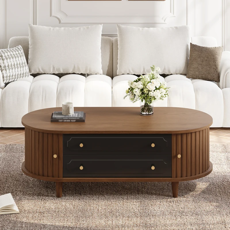 Table basse effet noyer et noir avec tiroirs, style rétro 100x50x36cm MODERNSIDEBOARDART