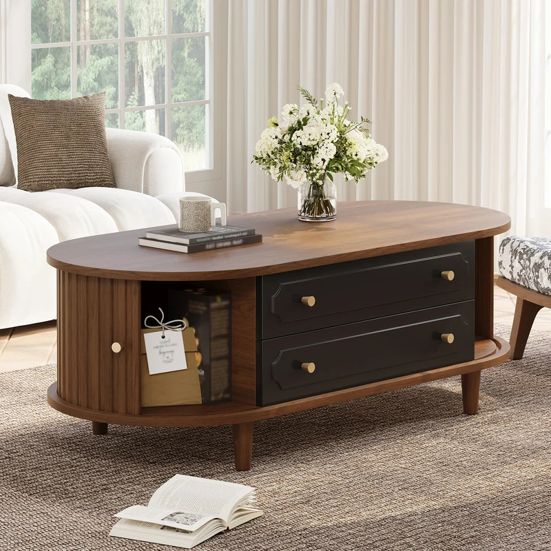 Table basse effet noyer et noir avec tiroirs, style rétro 100x50x36cm MODERNSIDEBOARDART