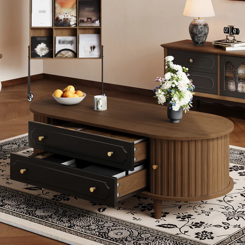 Table basse effet noyer et noir avec tiroirs, style rétro 100x50x36cm MODERNSIDEBOARDART