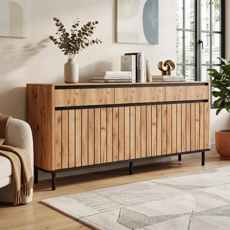 Buffet effet chêne 3 tiroirs et 3 portes cannées 160×40×73cm MODERNCREDENZAHOME