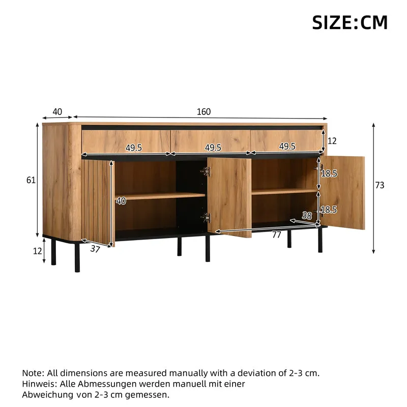 Buffet effet chêne 3 tiroirs et 3 portes cannées 160×40×73cm MODERNCREDENZAHOME