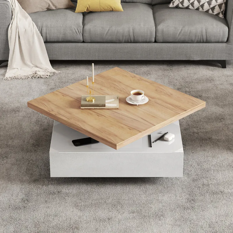 Table basse carrée rotative 360° blanche brillante et effet bois MODERNLAMPSET