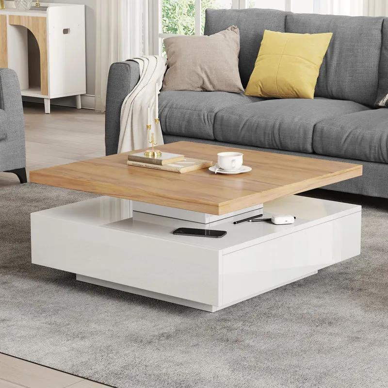 Table basse carrée rotative 360° blanche brillante et effet bois MODERNLAMPSET