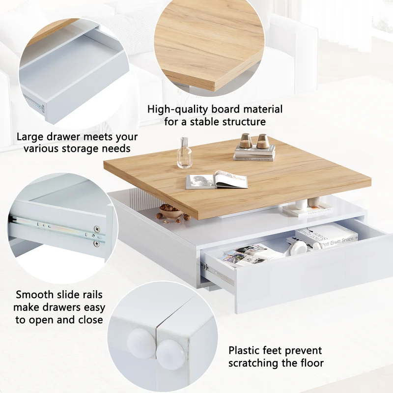 Table basse carrée rotative 360° blanche brillante et effet bois MODERNLAMPSET