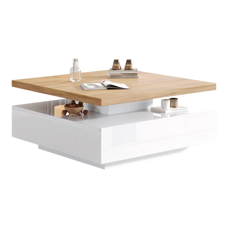 Table basse carrée rotative 360° blanche brillante et effet bois MODERNLAMPSET