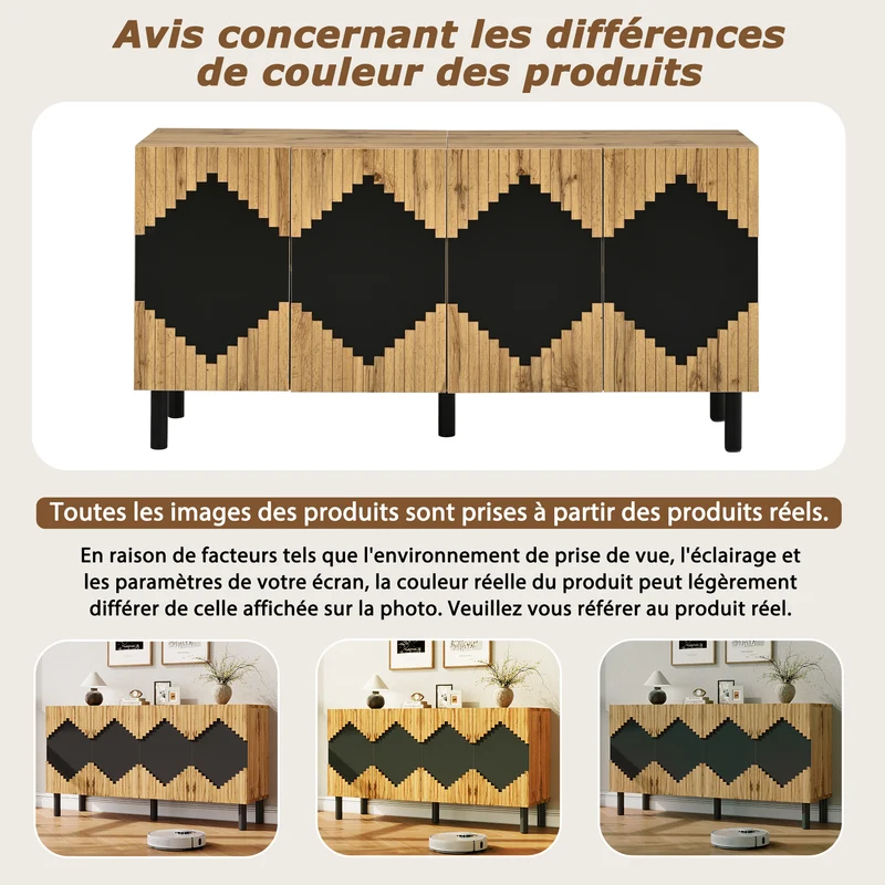 Buffet effet bois et noir motif losange 4 portes 140x40x70cm MODERNCEILINGHOME