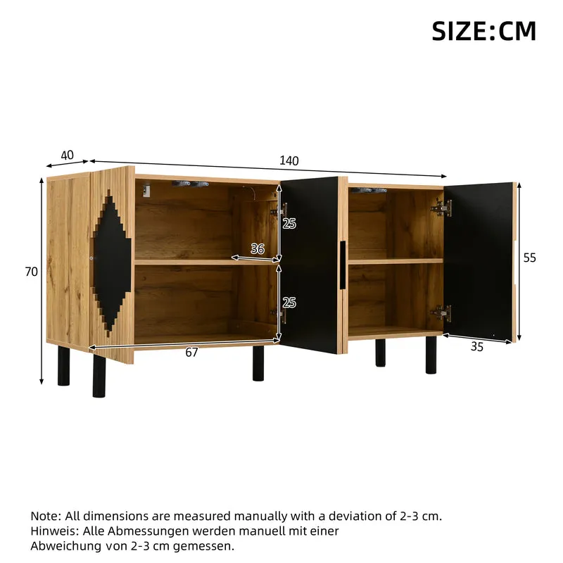 Buffet effet bois et noir motif losange 4 portes 140x40x70cm MODERNCEILINGHOME