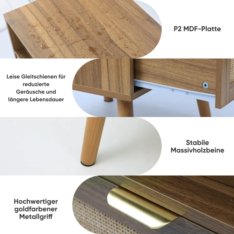 Table de chevet en rotin, style boho, rangement ouvert et tiroir doré 45x40x55cm MODERNCREDENZAART