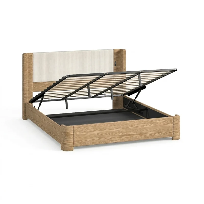 Lit coffre king size velours beige avec éclairage LED MINIMALISTDESK