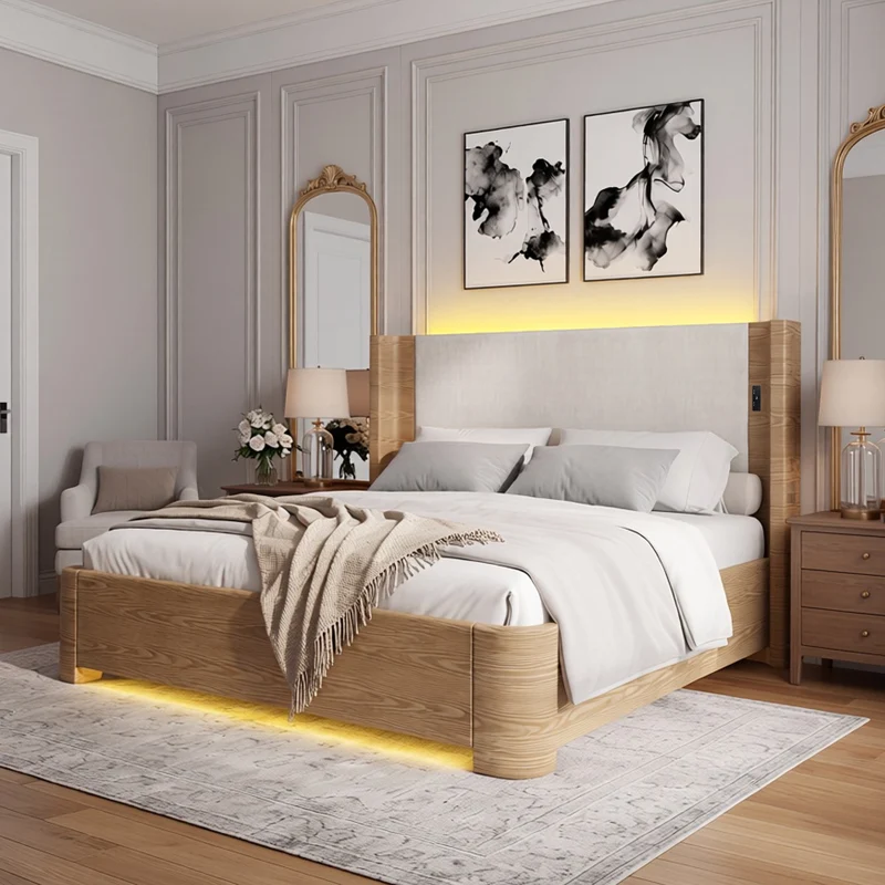 Lit coffre king size velours beige avec éclairage LED MINIMALISTDESK
